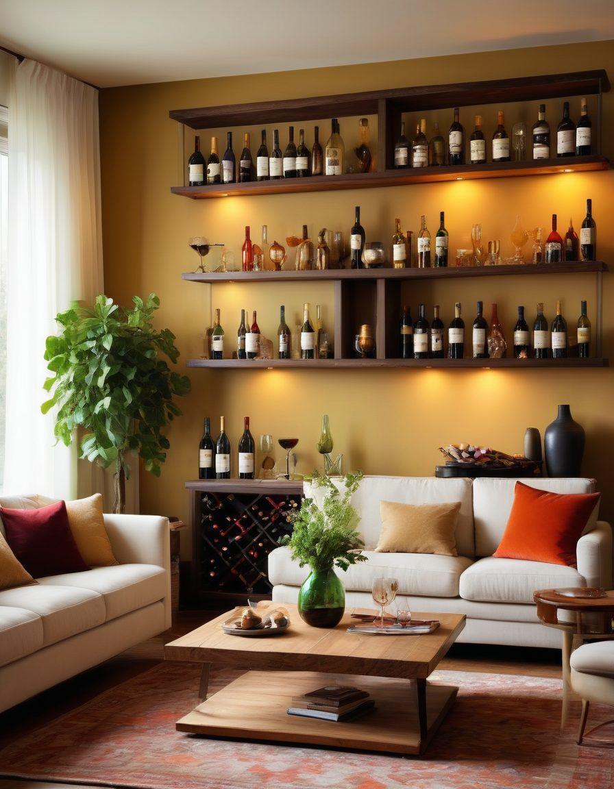 A cozy, stylish living room showcasing vintage wine collectibles creatively integrated into modern decor. Elegant shelves filled with unique wine bottles transformed into artistic vases and sculptures, paired with contemporary furniture. Warm lighting highlights the beauty of the vintage wines, with lush green plants adding a fresh contrast. The overall ambiance is inviting and sophisticated, perfect for a wine enthusiast's home. super-realistic. vibrant colors. warm tones.