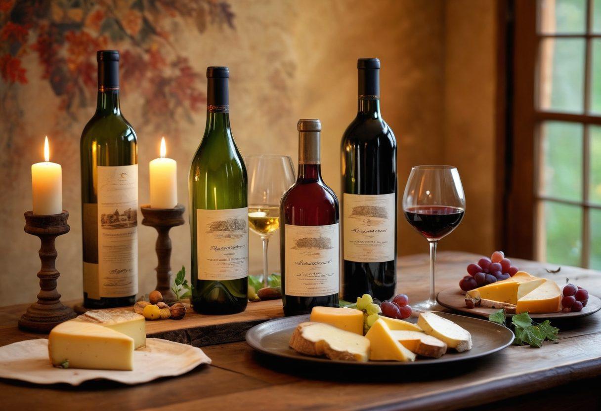 An elegant table setting featuring a selection of fine wines in unique, artistic bottles and reflective glasses. Surround the table with rustic wooden accents, colorful wine labels, and delicate cheese pairings. Add a warm, inviting ambiance with soft lighting and candles, evoking a cozy vineyard atmosphere. Include subtle hints of nature, like grapevines or leaves in the background. super-realistic. vibrant colors. cozy ambiance.